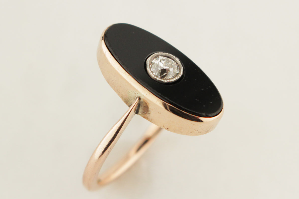 ANTIQUE EDWARDIAN c1900 DIAMOND & ONYX RING 9ct ROSE GOLD