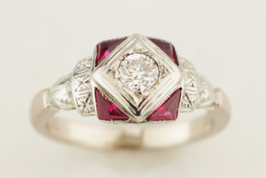 ANTIQUE ART DECO c1920 DIAMOND & RUBY RING 18ct WHITE GOLD