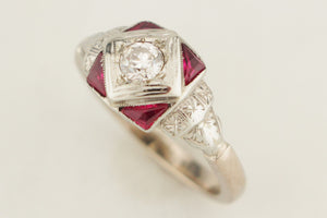 ANTIQUE ART DECO c1920 DIAMOND & RUBY RING 18ct WHITE GOLD