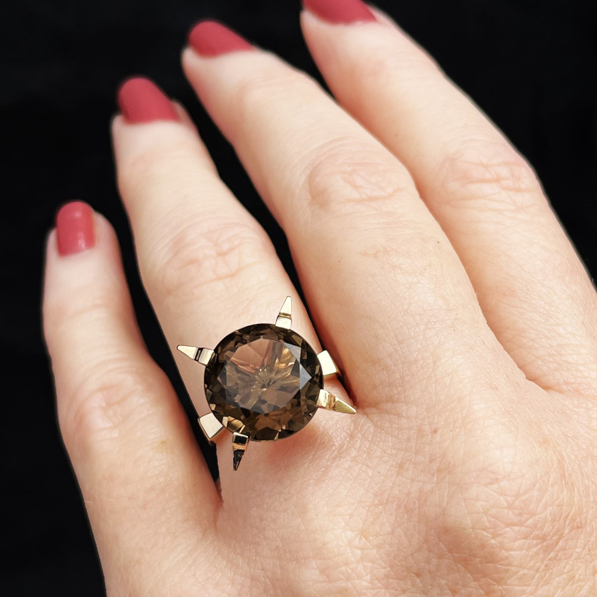 MID CENTURY SMOKY QUARTZ COCKTAIL RING 9ct GOLD