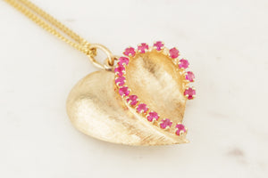 VINTAGE c1940 RUBY HEART PENDANT 14ct YELLOW GOLD