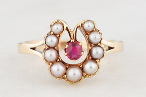 ANTIQUE EDWARDIAN RUBY & SEED PEARL RING 9ct GOLD