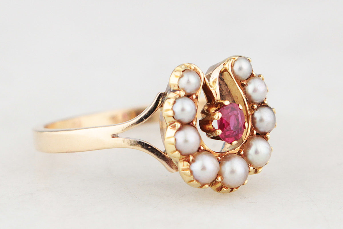 ANTIQUE EDWARDIAN RUBY &amp; SEED PEARL RING 9ct GOLD