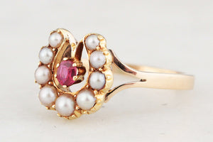 ANTIQUE EDWARDIAN RUBY & SEED PEARL RING 9ct GOLD