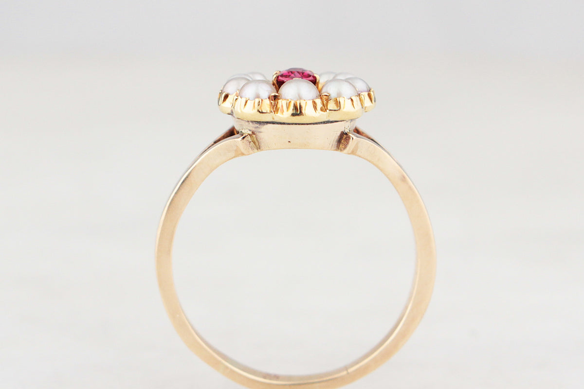 ANTIQUE EDWARDIAN RUBY &amp; SEED PEARL RING 9ct GOLD