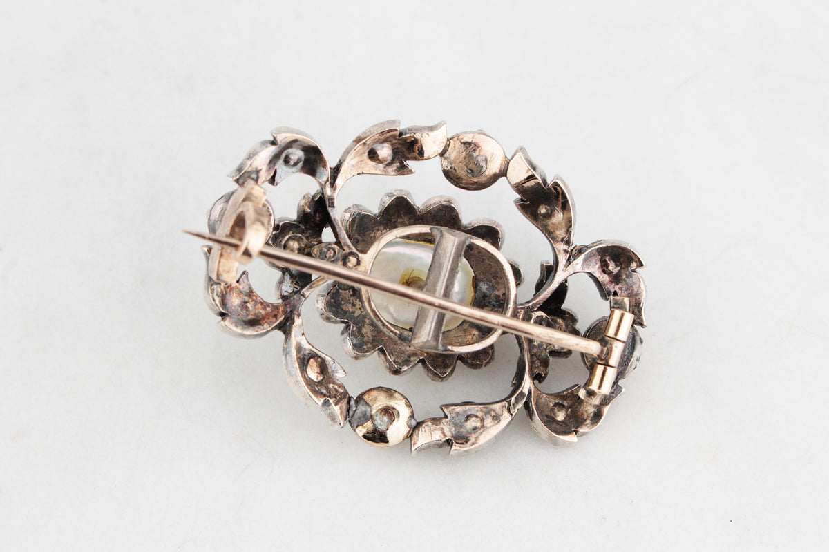 ANTIQUE GEORGIAN 1.48ct  DIAMOND &amp; PEARL BROOCH