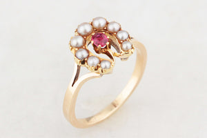 ANTIQUE EDWARDIAN RUBY & SEED PEARL RING 9ct GOLD