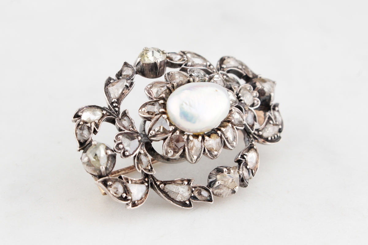ANTIQUE GEORGIAN 1.48ct  DIAMOND &amp; PEARL BROOCH