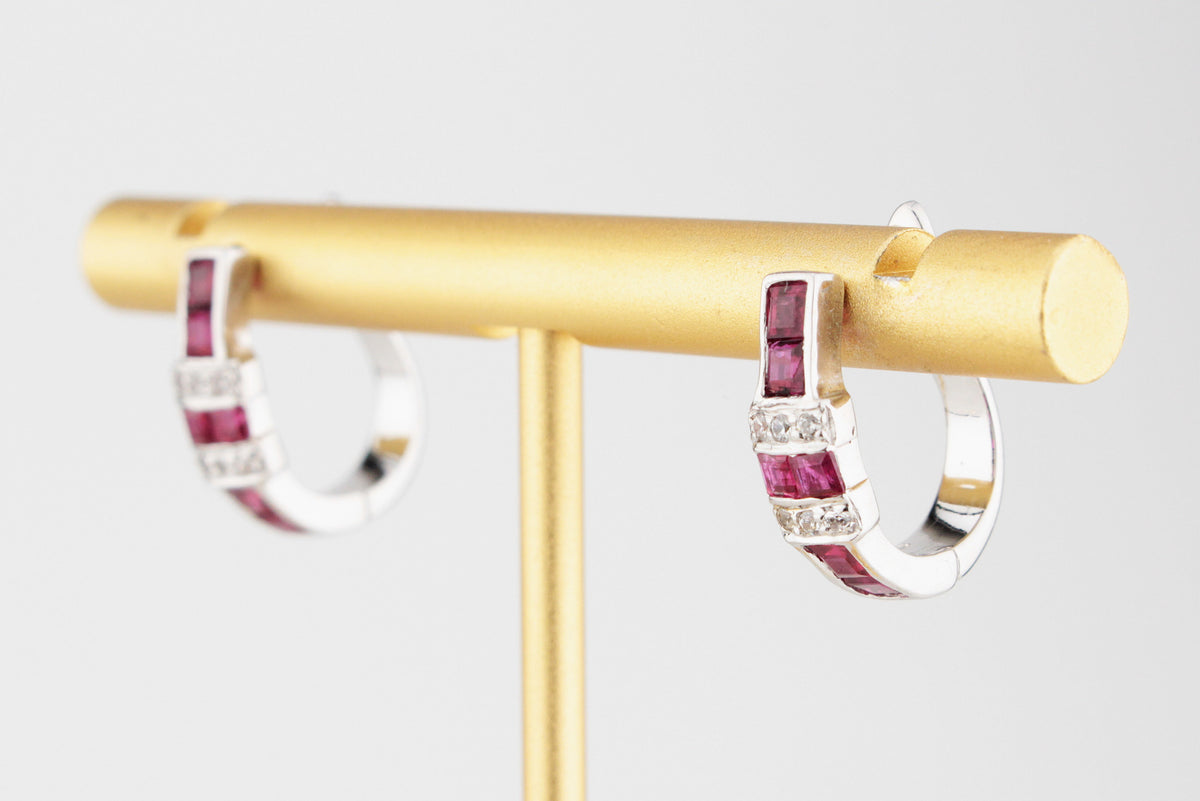 MODERN RUBY &amp; DIAMOND HALF HOOP EARRINGS 14ct GOLD