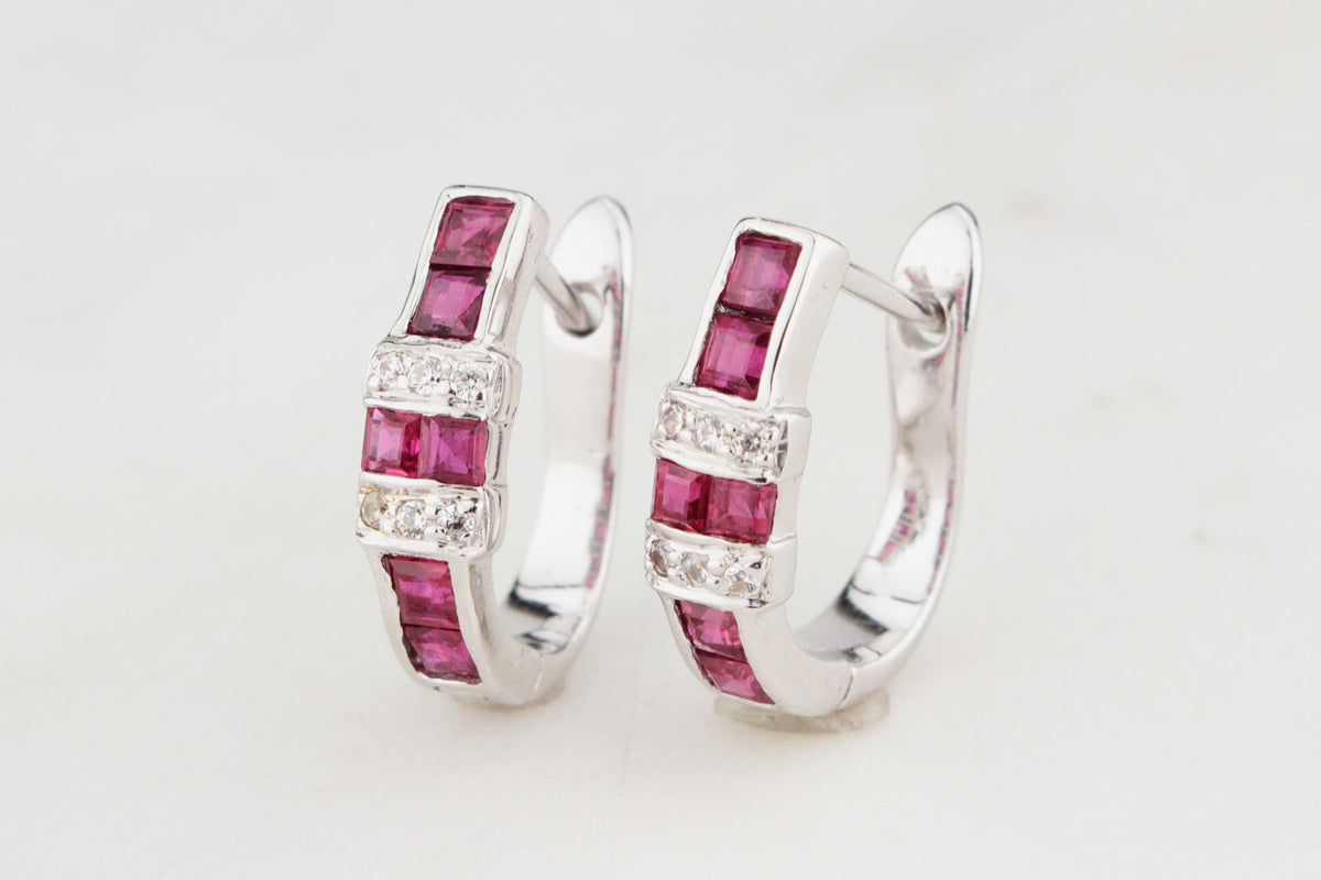 MODERN RUBY &amp; DIAMOND HALF HOOP EARRINGS 14ct GOLD