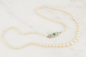 ORIGIANL ART DECO c1930 AKOYA PEARL STRAND WITH EMERALD & DIAMOND CLASP 18ct WHITE GOLD