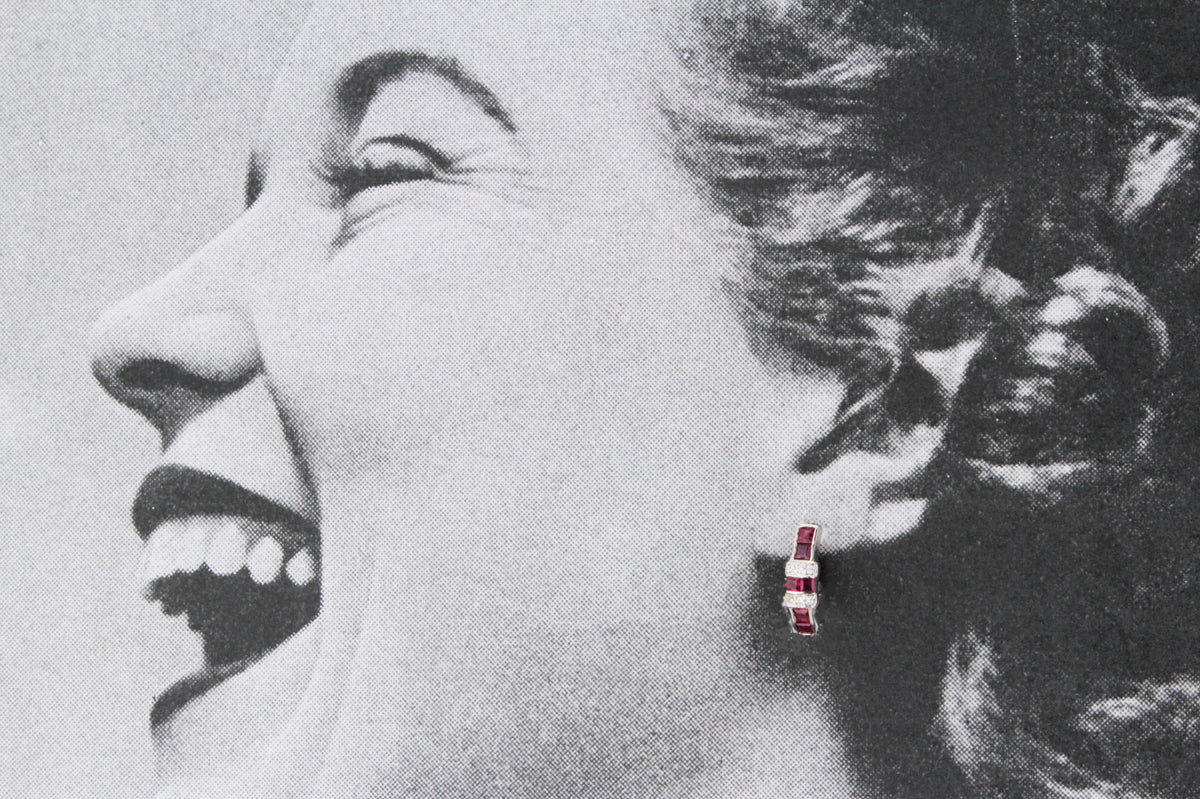 MODERN RUBY &amp; DIAMOND HALF HOOP EARRINGS 14ct GOLD