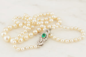 ORIGIANL ART DECO c1930 AKOYA PEARL STRAND WITH EMERALD & DIAMOND CLASP 18ct WHITE GOLD