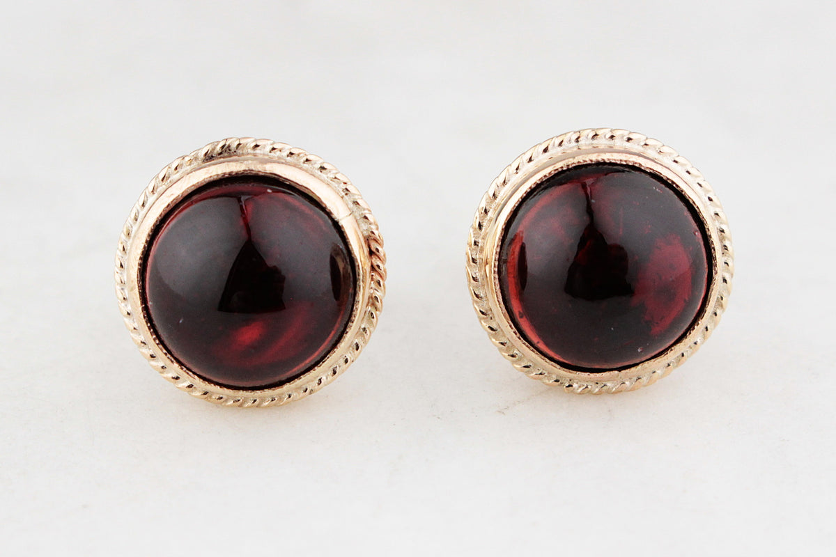 VINTAGE CABOCHON GARNET EARRINGS 9ct GOLD