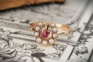 ANTIQUE EDWARDIAN RUBY & SEED PEARL RING 9ct GOLD