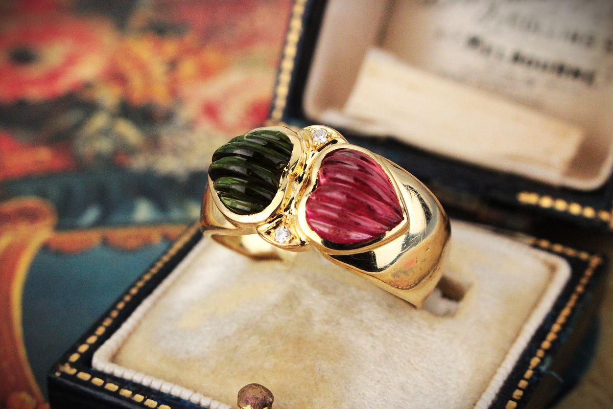 VINTAGE c1980's TOURMALINE &amp; DIAMOND RING 18ct GOLD
