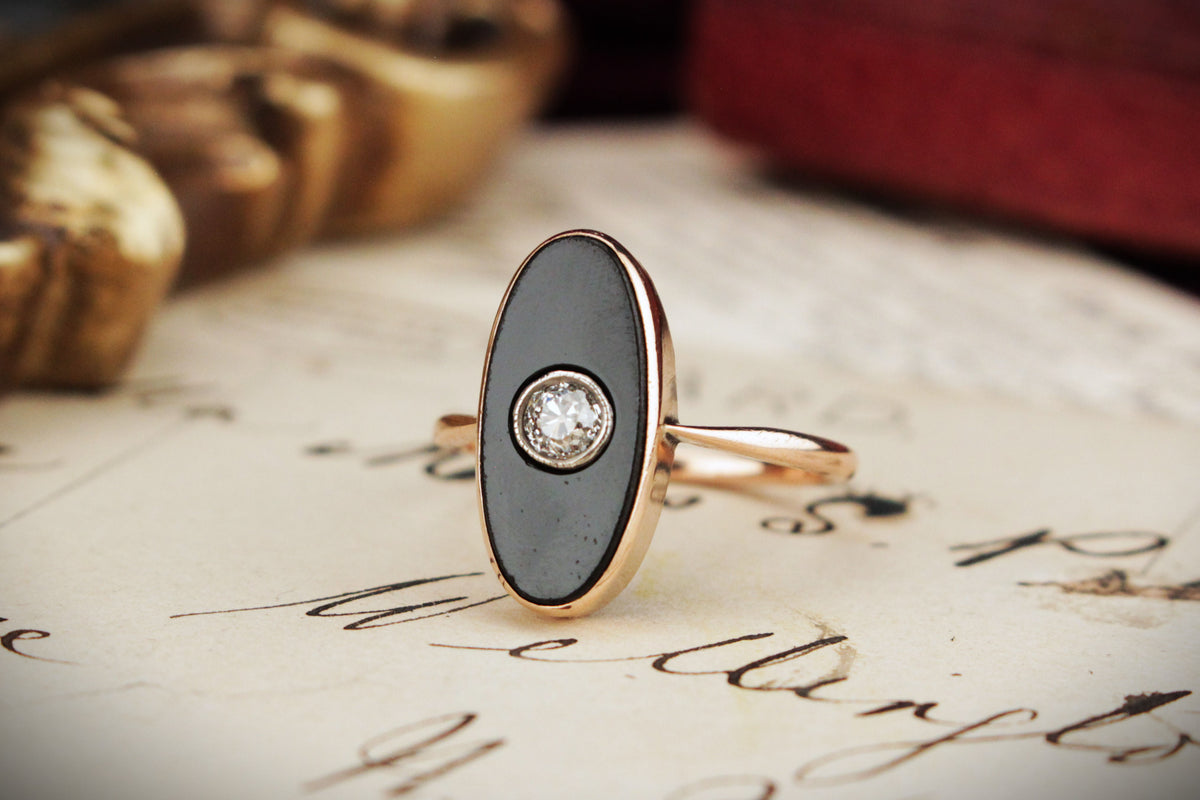 ANTIQUE EDWARDIAN c1900 DIAMOND & ONYX RING 9ct ROSE GOLD