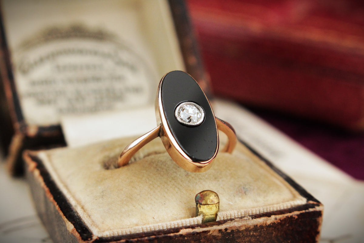 ANTIQUE EDWARDIAN c1900 DIAMOND & ONYX RING 9ct ROSE GOLD