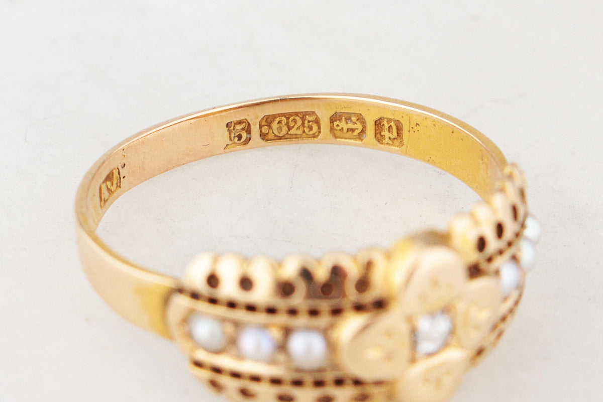 VICTORIAN 1889 DIAMOND & SEED PEARL RING 15ct GOLD