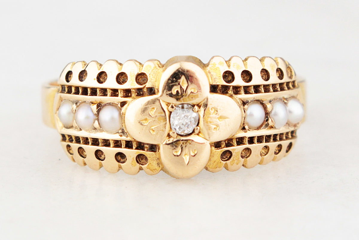 VICTORIAN 1889 DIAMOND & SEED PEARL RING 15ct GOLD