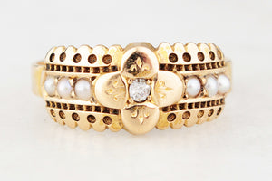 VICTORIAN 1889 DIAMOND & SEED PEARL RING 15ct GOLD