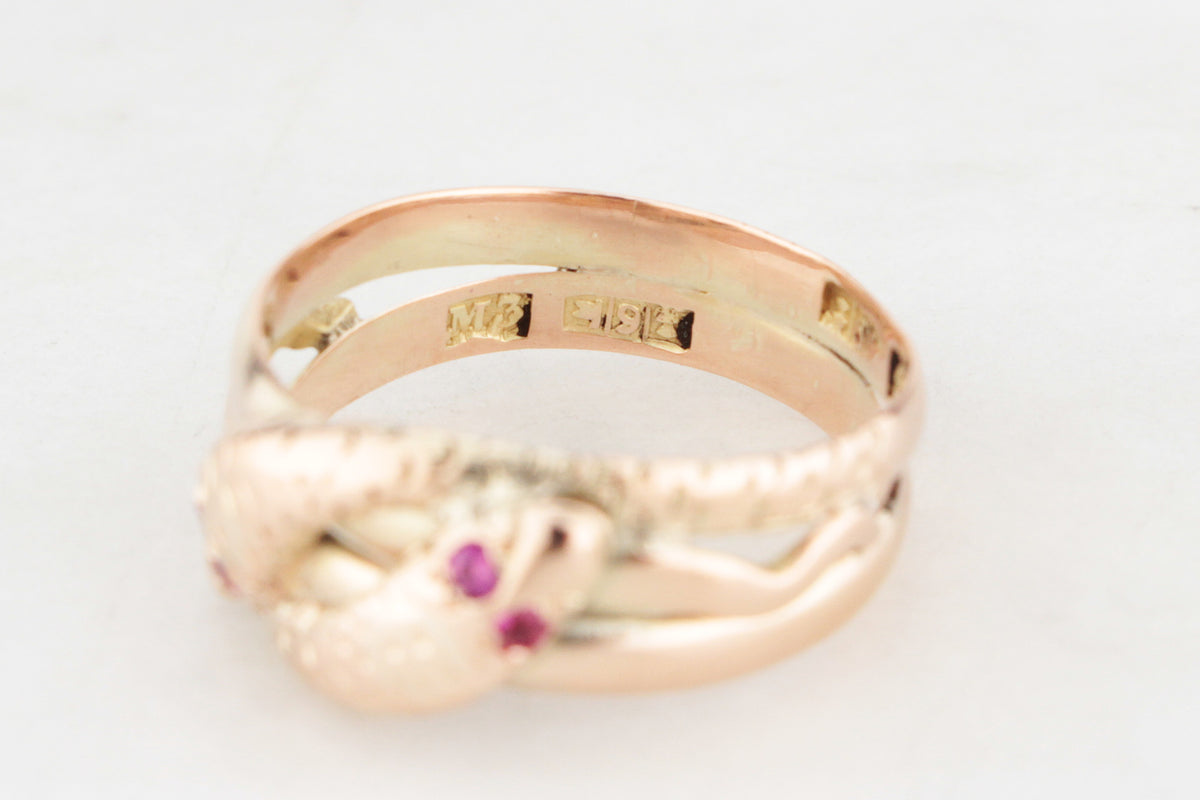 ANTIQUE AUSTRALIAN c1900 SPINEL DOUBLE SNAKE RING 9ct GOLD