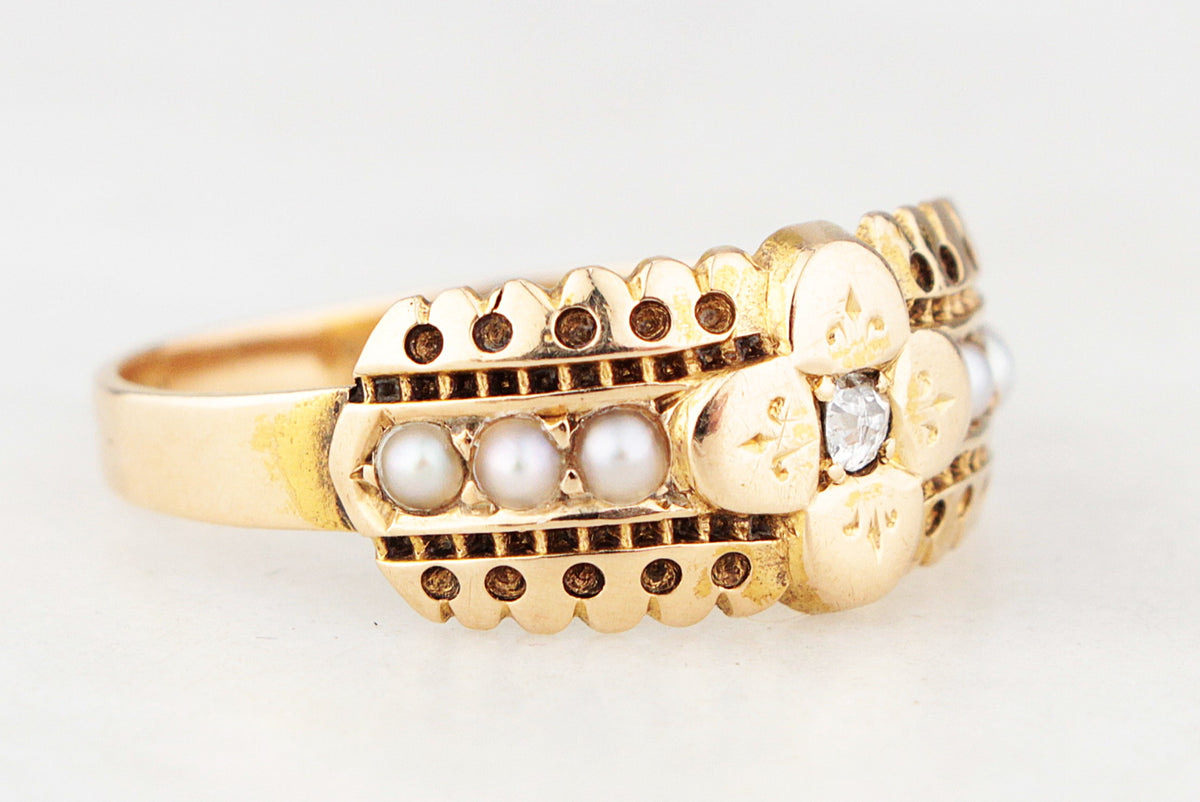 VICTORIAN 1889 DIAMOND & SEED PEARL RING 15ct GOLD