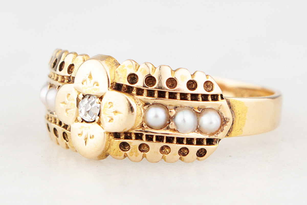 VICTORIAN 1889 DIAMOND & SEED PEARL RING 15ct GOLD