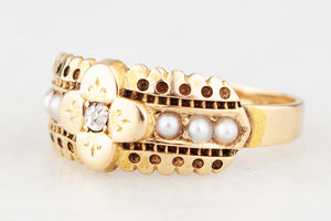 VICTORIAN 1889 DIAMOND & SEED PEARL RING 15ct GOLD