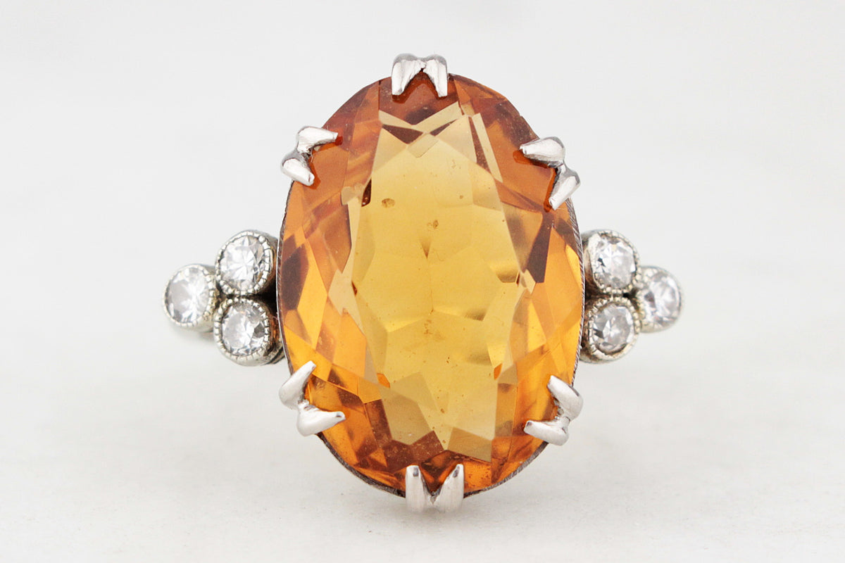 ANTIQUE ART DECO CITRINE & DIAMOND COCKTAIL RING 18ct GOLD