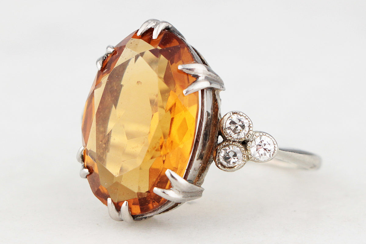 ANTIQUE ART DECO CITRINE & DIAMOND COCKTAIL RING 18ct GOLD