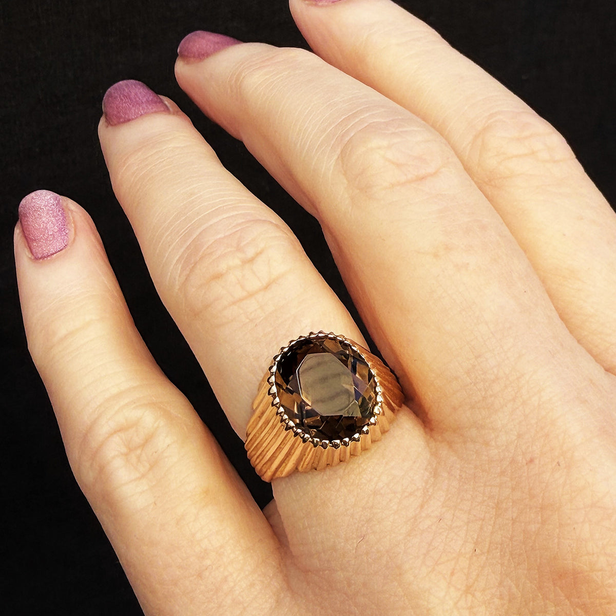 VINTAGE 1973 SMOKY QUARTZ COCKTAIL RING 9ct GOLD