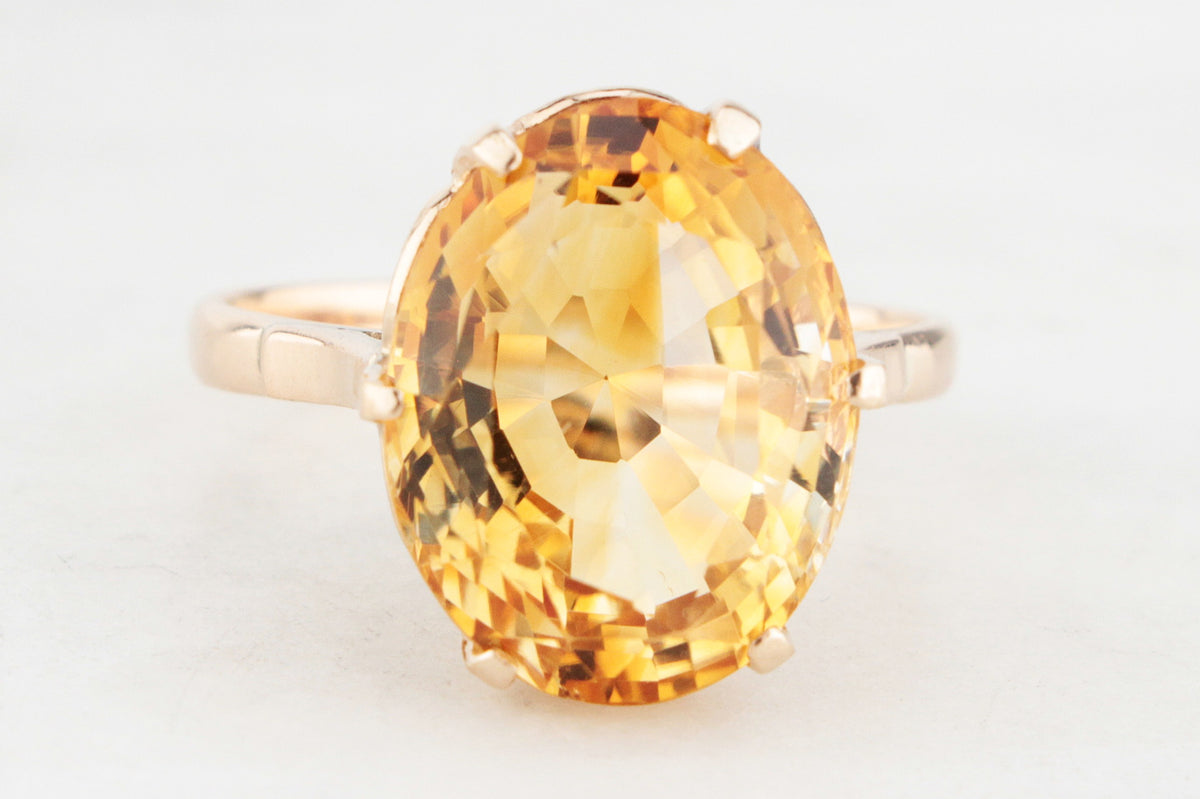 VINTAGE 7.6ct c1940 CITRINE COCKTAIL RING 14ct GOLD