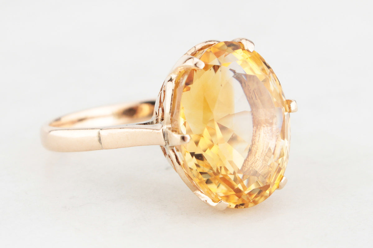 VINTAGE 7.6ct c1940 CITRINE COCKTAIL RING 14ct GOLD