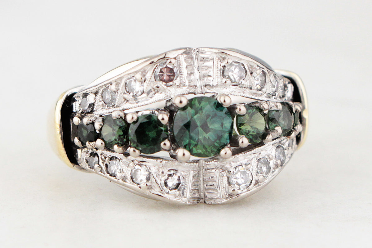 VINTAGE c1940 GREEN SAPPHIRE & DIAMOND RING 14ct GOLD