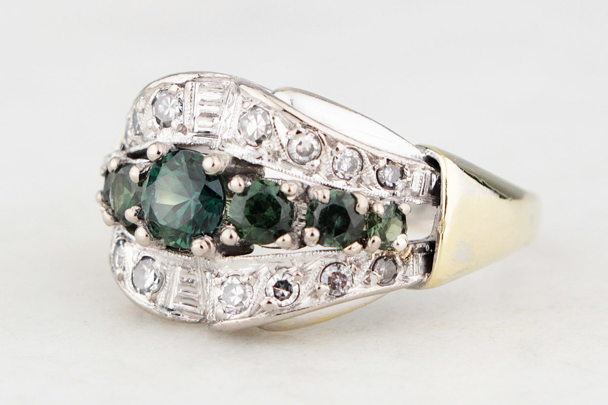 VINTAGE c1940 GREEN SAPPHIRE & DIAMOND RING 14ct GOLD
