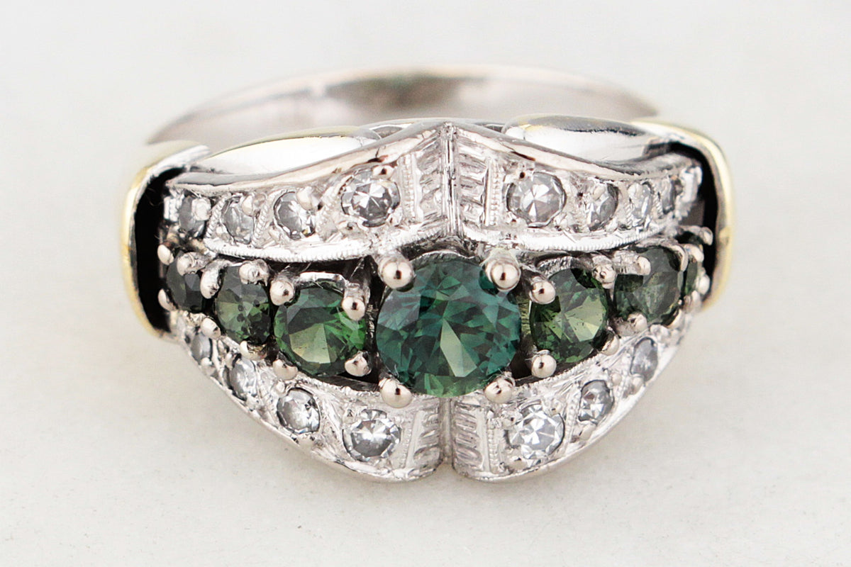 VINTAGE c1940 GREEN SAPPHIRE & DIAMOND RING 14ct GOLD