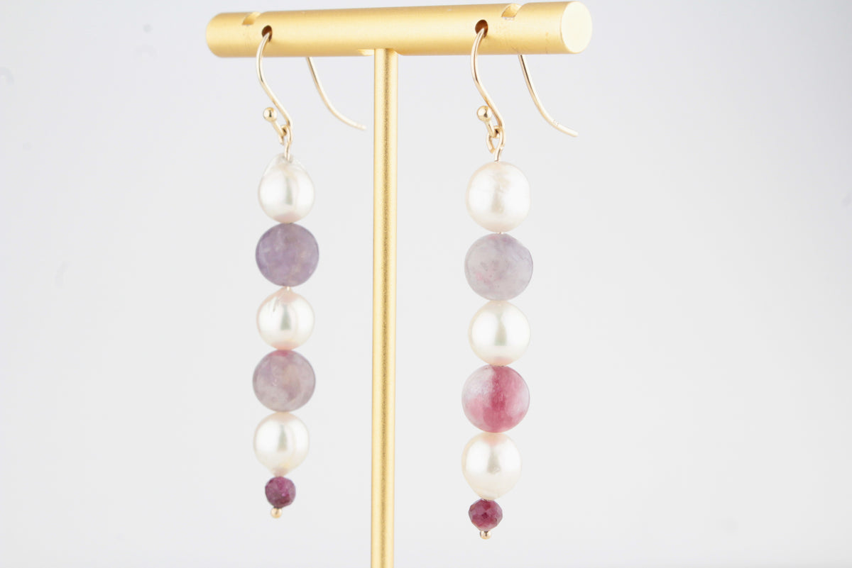 PEARL, TOURMALINE &amp; GARNET EARRINGS 9ct GOLD