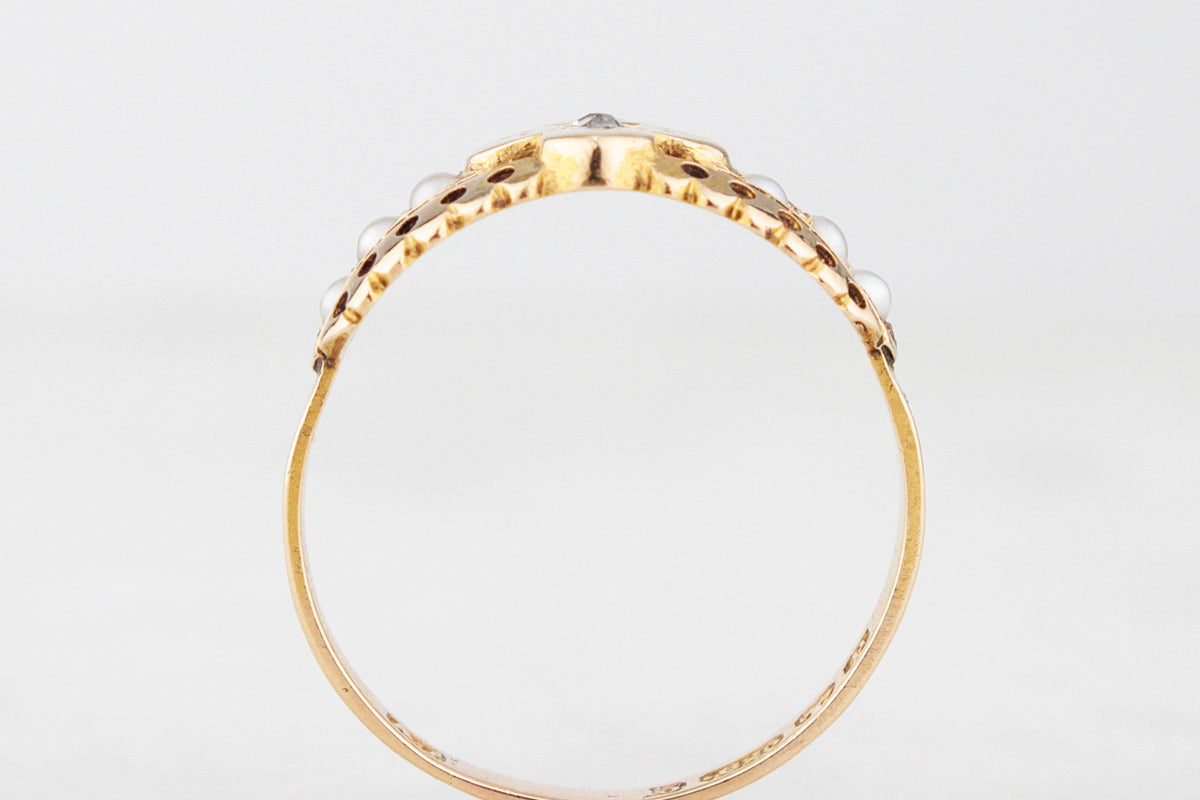 VICTORIAN 1889 DIAMOND & SEED PEARL RING 15ct GOLD