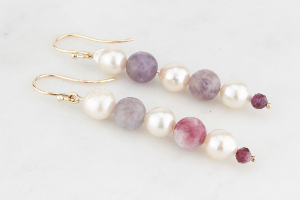 PEARL, TOURMALINE &amp; GARNET EARRINGS 9ct GOLD