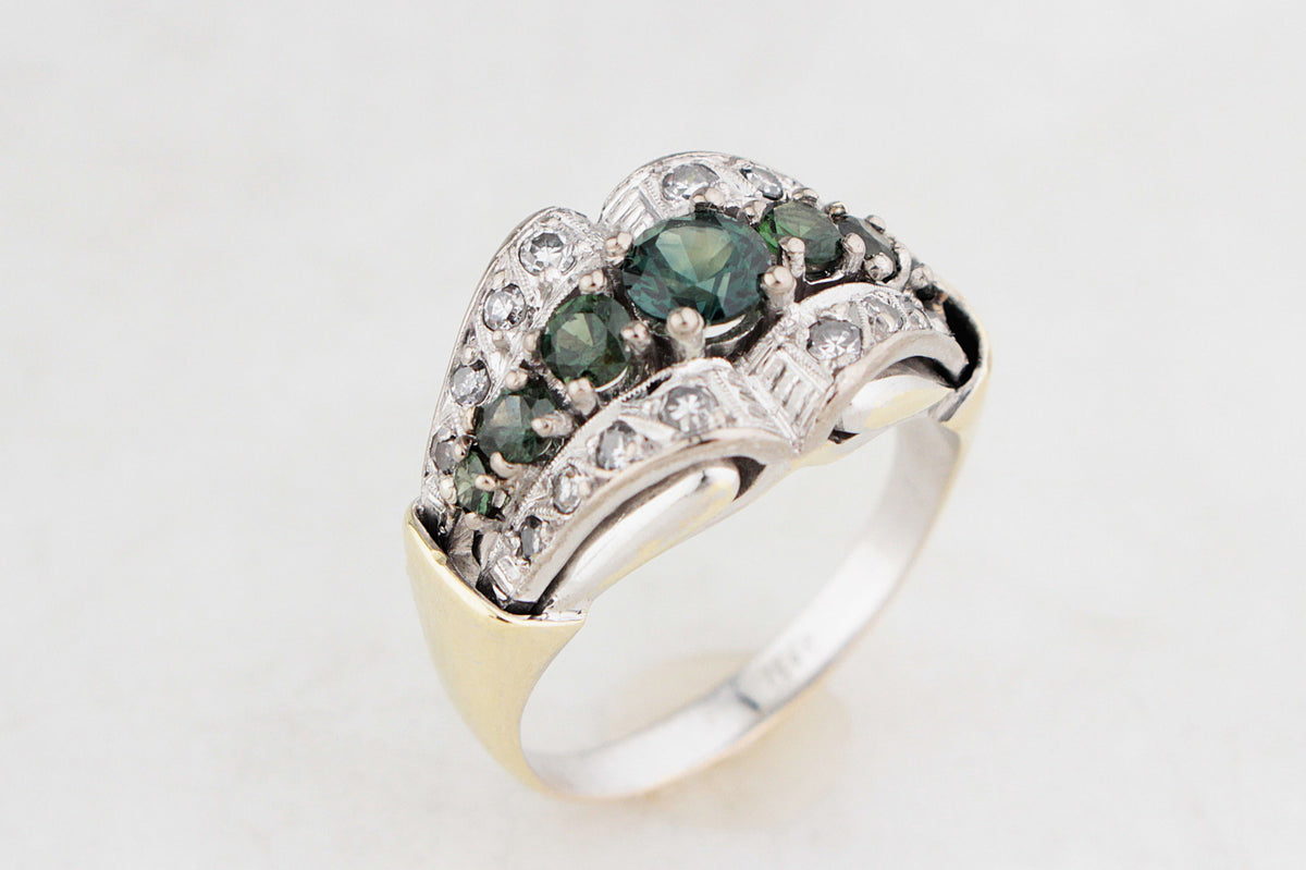 VINTAGE c1940 GREEN SAPPHIRE & DIAMOND RING 14ct GOLD