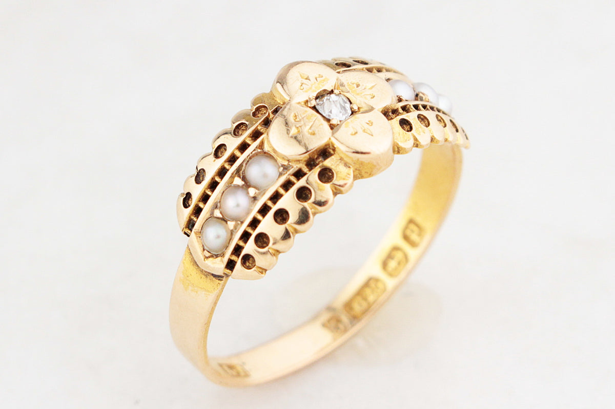 VICTORIAN 1889 DIAMOND & SEED PEARL RING 15ct GOLD