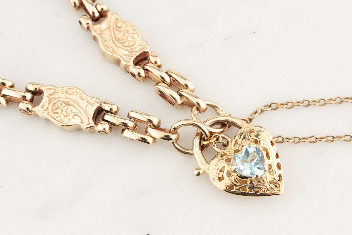 ANTIQUE EDWARDIAN ETCHED LINK BRACELET WITH FILIGREE TOPAZ HEART 9ct GOLD