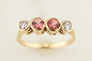 R&V BESPOKE PINK SAPPHIRE & .34ct OLD EUROPEAN CUT DIAMOND RING 9ct YELLOW GOLD