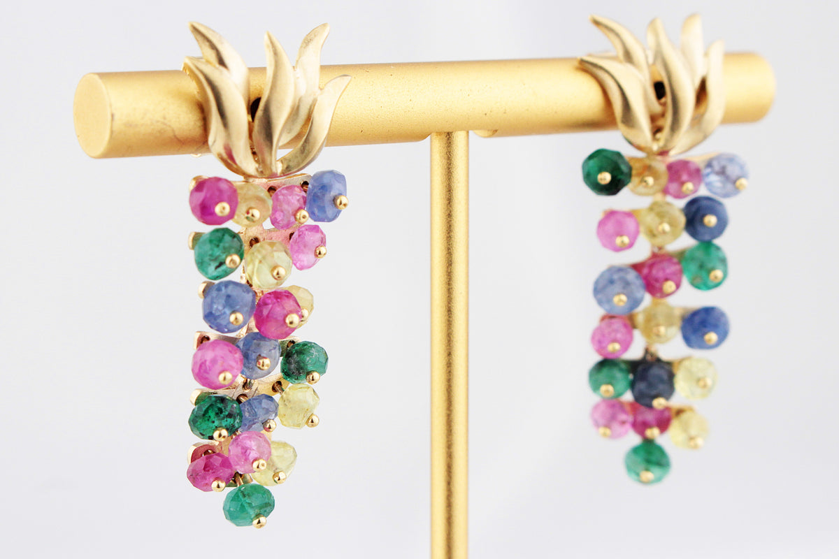 VINTAGE RUBY, SAPPHIRE, EMERALD & CITRINE EARRINGS 18ct GOLD