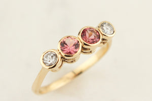 R&V BESPOKE PINK SAPPHIRE & .34ct OLD EUROPEAN CUT DIAMOND RING 9ct YELLOW GOLD