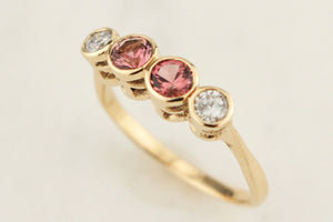 R&V BESPOKE PINK SAPPHIRE & .34ct OLD EUROPEAN CUT DIAMOND RING 9ct YELLOW GOLD