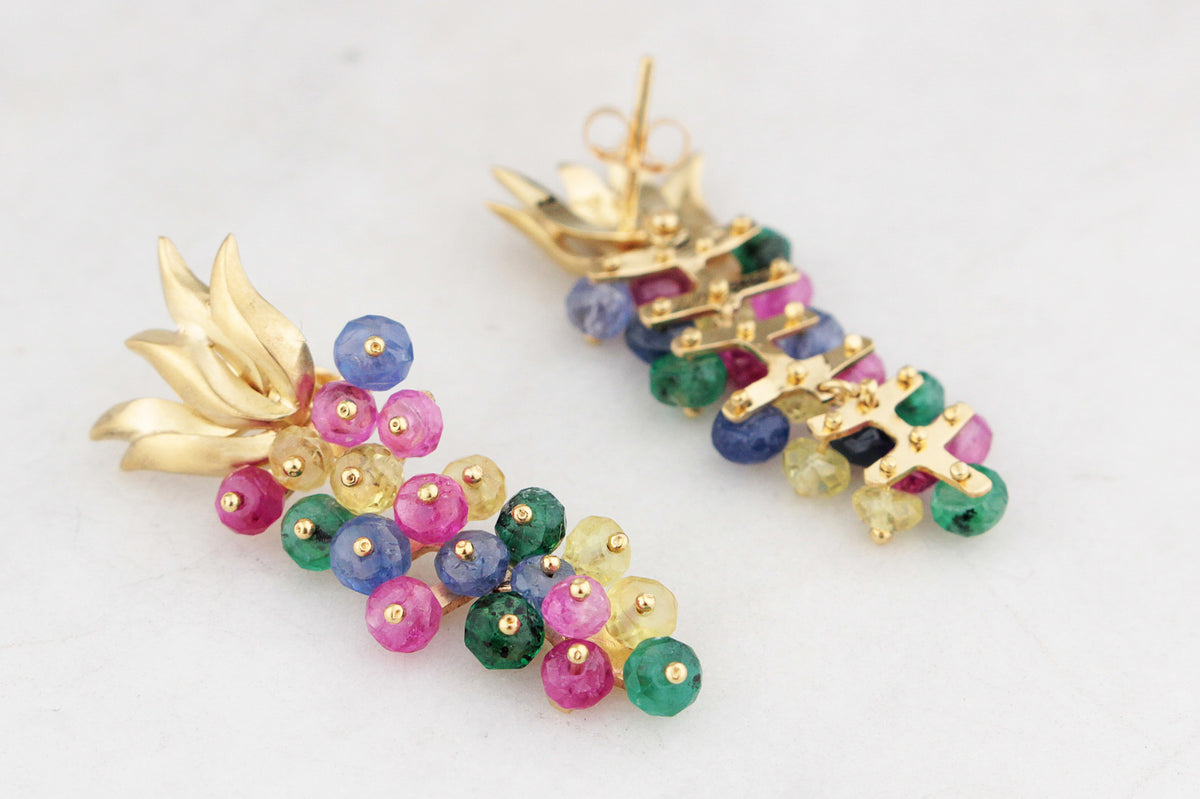 VINTAGE RUBY, SAPPHIRE, EMERALD & CITRINE EARRINGS 18ct GOLD
