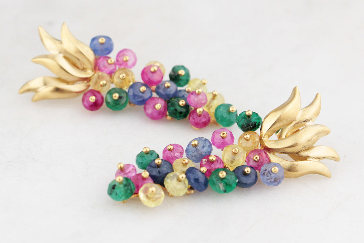VINTAGE RUBY, SAPPHIRE, EMERALD & CITRINE EARRINGS 18ct GOLD