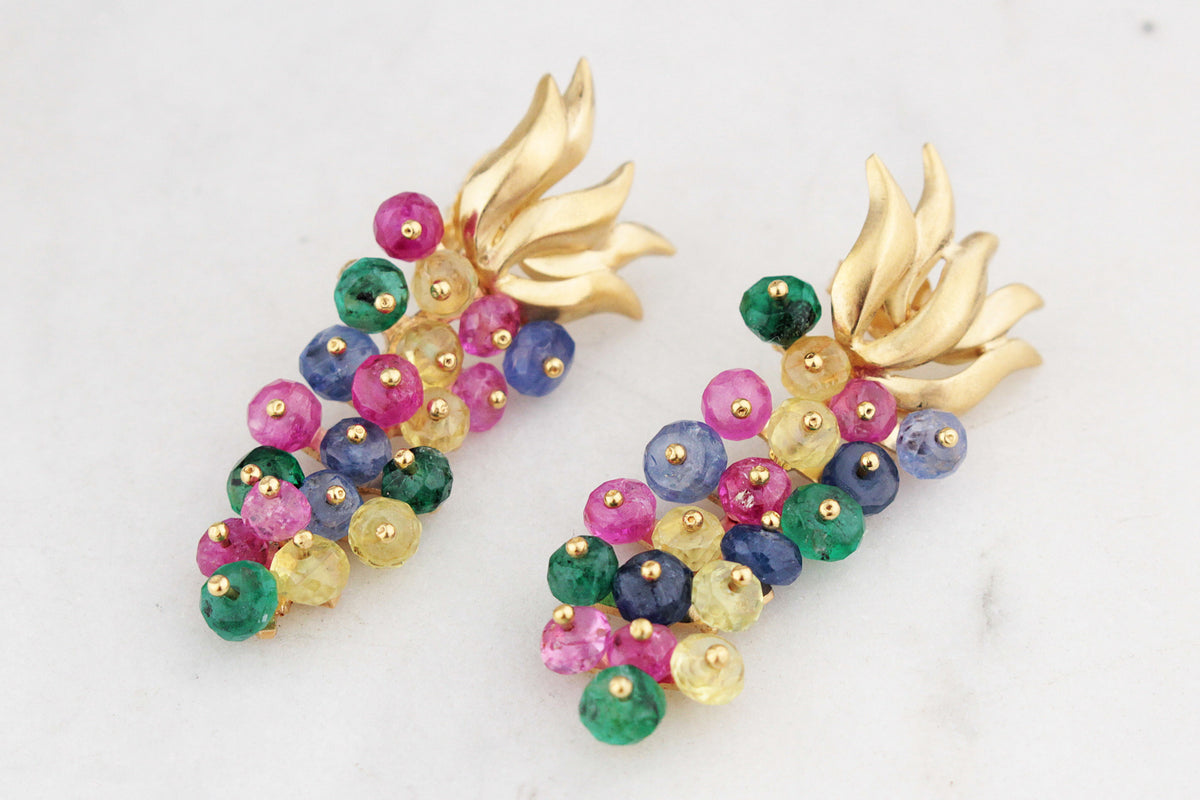 VINTAGE RUBY, SAPPHIRE, EMERALD & CITRINE EARRINGS 18ct GOLD